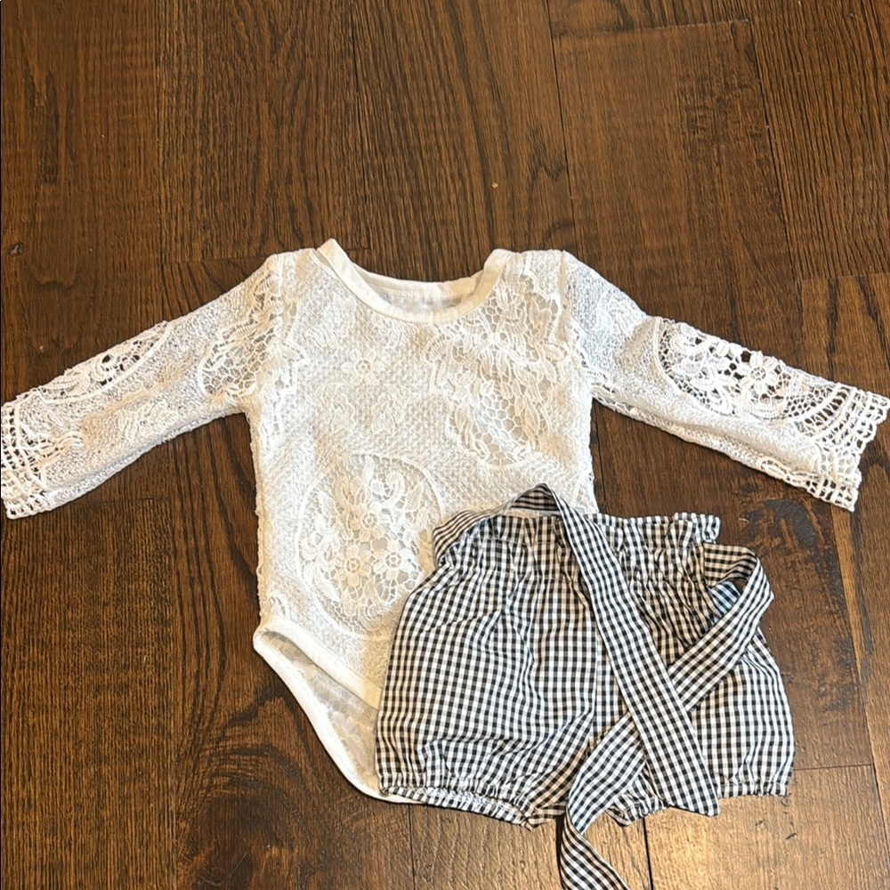 White Lace Baby Onesie with Gingham Bloomers